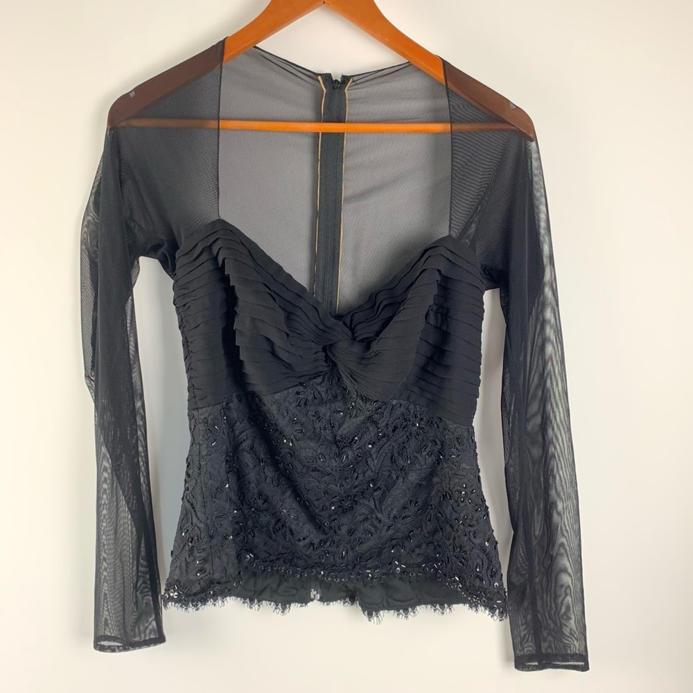 Tadashi Black Sheer Sleeve Silk Beaded Blouse 10